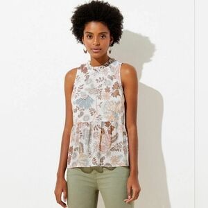 LOFT Petite White Gold Shimmer Floral Tie Back Peplum Shell, PM Medium